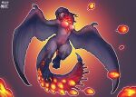  1girl 2019 absurdres artist_name bazelgeuse blue_hair blue_scales claws colored_skin completely_nude dated dragon dragon_girl dragon_tail dragon_wings fangs fireball flying full_body glowing glowing_eyes gradient gradient_background grey_scales grey_skin grin highres looking_at_viewer medium_hair monster_hunter:_world monster_hunter_(series) monster_hunter_world:_iceborne muhut multicolored_hair nude outline personification red_hair scales smile solo streaked_hair tail two-tone_hair white_outline winged_arms wings wyvern yellow_eyes 