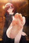  1girl absurdres bare_legs barefoot black_cloak black_nails blurry blurry_background blush brown_hair chinese_commentary cloak commentary_request cosplay crossed_legs dirty dirty_feet elden_ring eyelashes feet foot_focus foot_out_of_frame foot_up foreshortening hair_ornament hairclip head_tilt heart heart-shaped_pupils highres higuchi_madoka idolmaster idolmaster_shiny_colors leaning_to_the_side looking_at_viewer melina_(elden_ring) melina_(elden_ring)_(cosplay) nail_polish parted_lips red_eyes shadow shiny shiny_hair shiny_skin smell soles solo steaming_body symbol-shaped_pupils toenail_polish toenails toes ursica 