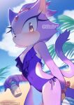  1girl animal_ears artist_name beach blaze_the_cat blurry blurry_background cat_ears cat_tail covered_navel forehead_jewel furry furry_female iiimirai looking_at_viewer lotion ocean one-piece_swimsuit palm_tree purple_fur purple_swimsuit scrunchie side-tie_swimsuit slit_pupils solo sonic_(series) sunscreen swimsuit tail tree twitter_username wrist_scrunchie yellow_eyes 