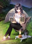  1girl bangs bare_shoulders black_hair black_pants blush brown_eyes brown_footwear brown_jacket chair character_request closed_mouth copyright_request cup hands_up highres holding holding_cup jacket kasumi_komo lantern long_hair long_sleeves looking_at_viewer night night_sky off_shoulder outdoors pants shoes sitting sky smile socks solo star_(sky) table tank_top tent tree white_socks white_tank_top 