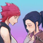  2girls arcane:_league_of_legends arm_tattoo bandaged_hand bandages caitlyn_(league_of_legends) dark_blue_hair from_side highres league_of_legends lin_hai looking_at_another multiple_girls nail_polish pink_hair pink_nails ponytail profile short_hair tattoo vi_(league_of_legends) yuri 