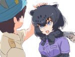  1boy 1girl animal_ears black_bow black_bowtie black_fur black_gloves black_hair black_jaguar_(kemono_friends) black_skirt blue_eyes bow bowtie brown_hair captain_(kemono_friends) elbow_gloves fang fur_collar gloves hand_on_another&#039;s_head high-waist_skirt ieinu_account jaguar_ears jaguar_girl jaguar_print kemono_friends kemono_friends_3 khakis open_mouth print_bow print_bowtie print_gloves purple_shirt shirt short_hair short_sleeves skirt t-shirt uniform 