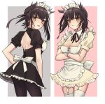  1girl alternate_costume apron bangs black_dress black_hair black_pantyhose blush breasts brown_eyes closed_mouth commentary_request crossed_arms dress frilled_apron frilled_dress frills garter_straps hair_flaps hatsuzuki_(kancolle) kantai_collection maid maid_headdress medium_breasts multiple_views neck_ribbon pantyhose parted_lips puffy_short_sleeves puffy_sleeves ribbon short_sleeves simple_background thighhighs waco white_apron white_thighhighs yellow_dress 