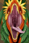  absurd_res ambiguous_gender bodily_fluids cheek_tuft facial_tuft feathers front_view fur glistening glistening_eyes green_body green_fur head_feathers hi_res imperatorcaesar looking_at_viewer mouth_shot narrowed_eyes open_mouth orange_body orange_scales pink_tongue saliva saliva_on_tongue saliva_string scales sharp_teeth solo teeth tongue tongue_out tuft yellow_body yellow_feathers yellow_teeth 