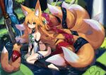  1girl animal_ear_fluff animal_ears bare_shoulders barefoot between_legs blonde_hair dress fox fox_ears fox_girl fox_tail green_eyes highres kokonoe_tsubaki kyuubi long_hair looking_at_viewer multiple_tails one_side_up original planted planted_sword sideless_outfit sitting solo sword tail thighs wariza water weapon white_dress yoshizawa_tsubaki 