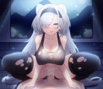  1boy 1girl :q absurdres animal_ears arknights aurora_(arknights) bangs bear_ears bear_girl black_hairband black_sports_bra black_thighhighs blue_eyes blush bottomless bra breasts collarbone ddddecade extra_ears eyes_visible_through_hair girl_on_top grey_hair hair_over_one_eye hairband hetero highres large_breasts licking_lips long_bangs long_hair looking_at_viewer penis pov pussy sex solo_focus sports_bra squatting_cowgirl_position thighhighs thighs tongue tongue_out torn_bra torn_clothes torn_thighhighs underwear vaginal very_long_hair 