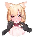  1girl absurdres animal_ears arknights beudelb black_gloves blonde_hair cheek_pinching collarbone cropped_torso disembodied_limb ear_piercing fox_ears fox_girl gloves hair_ornament hairclip heart heart-shaped_pupils highres notched_ear nude open_mouth orange_eyes piercing pinching portrait saliva short_hair simple_background solo_focus sweat symbol-shaped_pupils vermeil_(arknights) white_background 