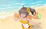  1girl :d ahoge beach bikini blue_eyes brown_hair collarbone commentary_request flower frilled_bikini frills hair_between_eyes hair_flower hair_ornament highres hololive kumagapaniti matsurisu natsuiro_matsuri navel ocean one-piece_tan orange_bikini sand shadow side_ponytail smile sunflower_hair_ornament swimsuit tan tanlines virtual_youtuber 