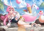  1girl absurdres animal_ears balloon bangs beach blue_sky breasts cleavage closed_mouth cloud cloudy_sky earrings extra_ears eyewear_on_head flip-flops flower fox_ears fox_girl fox_tail full_body highres honkai_(series) honkai_impact_3rd innertube jewelry long_hair looking_at_viewer lying nail_polish ocean on_side outdoors pink_hair pink_nails purple_eyes sandals sky smile solo starfish summer_uniform sunflower sunglasses tail toenail_polish toenails toes water waves yae_sakura yae_sakura_(goushinnso_memento) zhongwu_chahui 