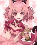  1girl absurdres animal_ears arm_strap bangs bare_shoulders cat_ears cat_girl cat_tail choker dress fangs gloves heart heart-shaped_pupils heart_hands highres looking_at_viewer magical_girl mew_ichigo momomiya_ichigo noasauruss pink_choker pink_dress pink_eyes pink_gloves pink_hair smile solo symbol-shaped_pupils tail tokyo_mew_mew tongue tongue_out 