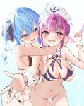  2girls @_@ armpits bangs blue_eyes blue_hair blush breast_grab breasts cleavage colored_inner_hair grabbing hair_between_eyes highres hololive hoshimachi_suisei large_breasts long_hair looking_at_viewer maid maid_headdress minato_aqua mugiusagi multicolored_hair multiple_girls navel open_mouth purple_eyes purple_hair ribbon side_ponytail small_breasts smile star_(symbol) star_in_eye swimsuit symbol_in_eye tears two-tone_hair virtual_youtuber wrist_cuffs 