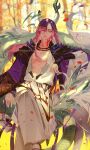  1boy aerysky bare_pectorals bishounen blurry dragon falling_petals highres ichimoku_ren_(onmyoji) japanese_clothes light_rays long_hair male_focus one_eye_closed onmyoji pectorals petals pointy_ears ribbon solo sparkle split_mouth string tattoo 