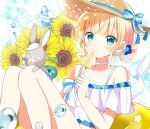  1girl animal bangs bare_shoulders bikini blonde_hair blush braid brown_headwear choker collarbone commentary_request double_bun feet_out_of_frame flower food gochuumon_wa_usagi_desu_ka? green_eyes hair_bun hand_up hat holding holding_food innertube kirima_syaro knees_up popsicle rabbit ryoutan scar scar_on_face sun_hat sunflower swimsuit water_drop white_bikini white_choker wild_geese yellow_flower 