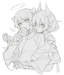  2girls animal_ears arknights bird_ears collar demon_horns detached_wings doughnut energy_wings fiammetta_(arknights) food fur-trimmed_jacket fur_trim gloves greyscale hair_between_eyes halo holding holding_food holding_hands horns jacket leash long_hair long_sleeves looking_at_viewer luren_max monochrome mostima_(arknights) multiple_girls off_shoulder open_clothes open_jacket shirt short_hair simple_background sketch upper_body white_background wings yuri 