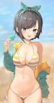  1girl :d absurdres arm_at_side bangs beach bikini blurry blurry_background blush bow_hairband breasts brown_hair cleavage cowboy_shot day fang food green_eyes green_jacket hairband halter_top halterneck hand_up highres holding hololive jacket large_breasts navel off_shoulder oozora_subaru open_clothes open_jacket outdoors polka_dot_hairband popsicle short_hair sidelocks smile solo stomach string_bikini striped striped_bikini sunlight swept_bangs swimsuit thigh_gap three_twosix two-tone_bikini virtual_youtuber 
