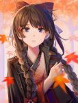  1girl absurdres ahoge autumn autumn_leaves bangs black_coat blunt_bangs blurry braid brown_hair coat dot_nose falling_leaves flat_chest hand_on_own_chest hand_up highres ibuki_(ibuki0118) japanese_clothes kimono leaf light_blush light_particles long_hair looking_at_viewer motion_blur nijisanji orange_background parted_lips purple_eyes red_kimono solo tree tsukino_mito twin_braids twintails 