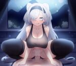  1boy 1girl :q absurdres animal_ears arknights aurora_(arknights) bangs bear_ears bear_girl black_hairband black_sports_bra black_thighhighs blue_eyes blush bottomless breasts collarbone ddddecade extra_ears eyes_visible_through_hair girl_on_top grey_hair hair_over_one_eye hairband hetero highres large_breasts licking_lips long_bangs long_hair looking_at_viewer penis pov pussy sex solo_focus sports_bra squatting_cowgirl_position thighhighs tongue tongue_out vaginal very_long_hair 