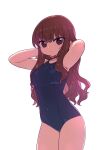  1girl arms_up blue_swimsuit breasts brown_eyes brown_hair chan_co choker commentary_request covered_navel fate/extra fate_(series) highres kishinami_hakuno_(female) long_hair looking_at_viewer medium_breasts one-piece_swimsuit solo swimsuit wavy_hair white_background 