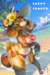  alcohol anthro beach beer beverage beverage_can big_breasts bikini blush bottomwear breasts brown_body brown_fur brown_hair camel_toe canid canine chest_tuft clothed clothing detailed_background digital_media_(artwork) english_text feet female fingers flower footwear fur green_eyes hair hat headgear headwear hi_res looking_at_viewer mammal midriff navel open_mouth orange_body orange_fur outside palm_tree pawpads plant raccoon_dog red_bikini sand sandals seaside sky smile smiling_at_viewer solo straw_hat swimwear tamanosuke tan_body tan_fur tanuki text toes topwear tree tuft water wet 