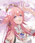  1069532 1girl animal_ears arm_up bare_shoulders blurry blurry_foreground bright_pupils earrings eyelashes flower fox_ears genshin_impact hair_between_eyes highres jewelry long_eyelashes looking_up parted_lips petals pink_flower pink_hair purple_eyes single_earring smile solo teeth vision_(genshin_impact) white_pupils yae_miko 