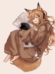  1girl animal_ears arknights bag barefoot blush brown_hair brown_pajamas cameo ceobe_(arknights) closed_eyes dakimakura_(object) doctor_(arknights) dog_ears dog_girl dog_tail hair_ornament hairclip highres long_hair long_sleeves lying onesie open_mouth pajamas pillow plastic_bag pocket simple_background sleeping sleeves_past_fingers sleeves_past_wrists solo tail tubuan_(tubuan03) wavy_hair white_background 