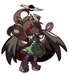  1girl arm_cannon asymmetrical_footwear bird_wings black_sun black_wings bow brown_hair cape collared_shirt frilled_skirt frills full_body green_bow green_skirt hair_bow kneehighs long_hair looking_at_viewer open_mouth pointing pointing_up ponytail puffy_short_sleeves puffy_sleeves puyopuyo red_eyes reiuji_utsuho shinmon_akika shirt shoes short_sleeves simple_background single_shoe skirt smirk socks solo standing starry_sky_print sun touhou weapon white_background white_shirt wings 