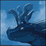  2018 ambiguous_gender blue_body blue_scales border carrying chromamancer cloud digital_media_(artwork) digital_painting_(artwork) dragon duo facial_horn feral hi_res horn membrane_(anatomy) membranous_wings nose_horn on_head outside restricted_palette scales scalie size_difference sky smile snaggle_tooth wings young 