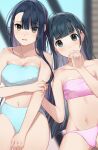  2girls absurdres akira_tooru bangs black_hair blue_tube_top blunt_bangs blurry blurry_background blush breasts brown_eyes cleavage closed_mouth commentary_request covered_nipples green_eyes hair_down highres large_breasts long_hair looking_at_viewer multiple_girls navel open_mouth original pink_tube_top small_breasts strapless swimsuit tube_top 