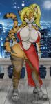  absurd_res anthro big_breasts breasts city cleavage clothed clothing dress felid female fully_clothed hair hi_res mammal moon night pantherine solo tabykat tabytha_starling tiger 