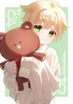  1boy absurdres blonde_hair blue_background blush closed_mouth green_eyes gumi_gorira highres long_sleeves looking_at_viewer male_child male_focus multicolored_background original shirt short_hair sleeves_past_wrists solo stuffed_animal stuffed_toy teddy_bear white_background white_shirt 