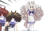  3girls animal_ears biwa_hayahide_(umamusume) bow bowtie brown_footwear ear_ornament emphasis_lines frilled_skirt frills highres horse_ears horse_girl horse_tail horseshoe_ornament kanikanitengoku light_brown_hair loafers long_hair marvelous_sunday_(umamusume) messy_hair multiple_girls nice_nature_(umamusume) pleated_skirt puffy_short_sleeves puffy_sleeves purple_bow purple_bowtie purple_shirt red_eyewear sailor_collar sailor_shirt school_uniform semi-rimless_eyewear shirt shoes short_sleeves simple_background skirt summer_uniform tail tail_through_clothes thighhighs tracen_school_uniform umamusume very_long_hair white_background white_skirt white_thighhighs yellow_eyes 