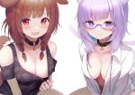  :3 absurdres ahoge animal_collar animal_ear_fluff animal_ears animal_print bangs bare_shoulders black_choker black_collar black_tank_top blunt_bangs blush bone_print braid breasts brown_eyes brown_hair brown_tail buket_pudding_i cat_ears cat_girl cat_tail choker cleavage clothes_pull collar collarbone commentary_request dog_ears dog_girl dog_print dog_tail downblouse fangs from_above glasses hair_over_shoulder highres hololive inugami_korone large_breasts long_hair long_sleeves looking_at_viewer low_twin_braids medium_breasts nekomata_okayu no_pants o-ring o-ring_choker open_mouth panties print_shirt purple-framed_eyewear purple_eyes purple_hair revision shirt shirt_pull short_shorts shorts side_braids sitting smile tail tank_top twin_braids underwear virtual_youtuber white_shirt 