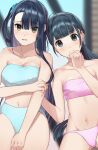  2girls absurdres akira_tooru bangs black_hair blue_tube_top blunt_bangs blurry blurry_background blush breasts brown_eyes cleavage closed_mouth commentary_request covered_nipples green_eyes highres large_breasts long_hair looking_at_viewer multiple_girls navel open_mouth original pink_tube_top ponytail side_ponytail small_breasts strapless swimsuit tube_top 