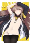  1girl ariyoshi_gen arm_out_of_sleeve arms_up bangs black_jacket black_pantyhose blush brown_hair character_name crotch_seam flat_chest girls&#039;_frontline groin half-closed_eyes jacket long_hair long_sleeves lying navel nipples on_back open_clothes open_jacket panties pantyhose parted_lips scar scar_across_eye shirt solo sweat ump45_(girls&#039;_frontline) underwear white_panties white_shirt 