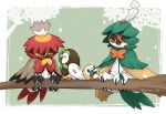  artist_name beak branch dartrix decidueye evolutionary_line feathers hidane_(natsume_hdn) hisuian_decidueye looking_at_another no_humans open_mouth pokemon pokemon_(creature) pulling red_pupils rowlet smile talons trembling twitter_username 