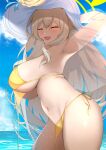  1girl arm_up armpits bikini blue_archive breasts green_eyes hat highres large_breasts long_hair navel nonomi_(blue_archive) nonomi_(swimsuit)_(blue_archive) open_mouth side-tie_bikini sideboob smile solo swimsuit tomi27 untied untied_bikini very_long_hair yellow_bikini yellow_swimsuit 
