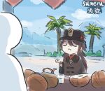  1girl bangs blue_sky blunt_ends brown_eyes brown_shirt chibi chinese_clothes cloud coconut cup frown genshin_impact hair_between_eyes hand_up hat highres hu_tao_(genshin_impact) mountain mountainous_horizon outdoors palm_tree pointing porkpie_hat shirt sidelocks sky tree xinzoruo 