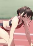  1girl bangs blurry blurry_background brown_hair closed_mouth commentary_request jonsun long_hair looking_at_viewer midriff original shiori_(jonsun) short_hair sidelocks solo sports_bra sportswear track_and_field yellow_eyes 