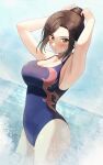  1girl adjusting_hair armpits arms_up bangs blue_sky blue_swimsuit blush breasts brown_hair cleavage cloud competition_swimsuit cowboy_shot day forehead green_eyes hair_bun highres idolmaster idolmaster_cinderella_girls large_breasts looking_at_viewer mukai_takumi ocean one-piece_swimsuit outdoors parted_lips print_swimsuit shangzi sidelocks sky solo swimsuit water wet wet_hair 