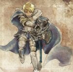 1boy armor armored_boots bangs blonde_hair blue_cape blue_eyes boots breastplate cape closed_mouth commentary_request drawing_sword full_body gauntlets highres holding holding_sword holding_weapon leg_armor looking_at_viewer male_focus oshio_(solto) paladin_(ragnarok_online) pauldrons ragnarok_online scabbard sheath short_hair shoulder_armor smile solo sword weapon 