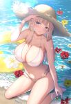  1girl bare_arms bare_legs bare_shoulders barefoot beach bikini blonde_hair blue_eyes blush braid breasts caustics cleavage day flower frilled_bikini frills halterneck hand_up hat highres innertube kuroe_(sugarberry) large_breasts looking_at_viewer navel o-ring o-ring_bikini original parted_lips red_flower sand seashell shallow_water shell sitting smile solo starfish stomach straw_hat sun_hat sunlight swimsuit water white_bikini yellow_flower 