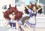  +_+ 2girls animal_ears bed bedroom black_hair bow bowtie brown_eyes brown_hair commentary diffraction_spikes ear_covers ear_scrunchie frilled_skirt frills highres horse_ears horse_girl horse_tail horseshoe_ornament indoors kanikanitengoku marvelous_sunday_(umamusume) messy_hair multiple_girls nice_nature_(umamusume) pleated_skirt puffy_short_sleeves puffy_sleeves purple_bow purple_bowtie purple_shirt rain sailor_collar sailor_shirt school_uniform shirt short_sleeves skirt sparkle squiggle summer_uniform sweatdrop tail thighhighs tracen_school_uniform trait_connection twintails umamusume white_skirt white_thighhighs wooden_floor 