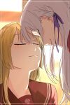  2girls assault_lily backlighting bangs blonde_hair blunt_bangs blurry blurry_background blush braid brown_sailor_collar closed_eyes closed_mouth commentary evening facing_another forehead-to-forehead framed grey_hair hair_ribbon heads_together highres indoors kaga_(kaga_878787) kanba_girls_high_school_uniform kon_kanaho light_smile long_hair miyagawa_takane multiple_girls portrait profile purple_ribbon red_shirt ribbon sailor_collar school_uniform serafuku shiny shiny_hair shirt side_braid window yuri 