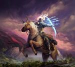  armor arrow_(projectile) artist_name blonde_hair bow_(weapon) cloud drawing_bow elden_ring gauntlets helmet highres holding holding_bow_(weapon) holding_weapon horns horse horseback_archery horseback_riding instagram_username jperez long_hair outdoors reins riding ruins saddle signature tree weapon 