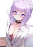  1girl absurdres ahoge animal_ear_fluff animal_ears bangs black_choker blush breasts buket_pudding_i cat_ears cat_girl cat_tail choker cleavage collarbone commentary_request glasses highres hololive large_breasts long_sleeves looking_at_viewer nekomata_okayu no_pants panties purple-framed_eyewear purple_eyes purple_hair revision shirt solo tail underwear virtual_youtuber white_shirt 