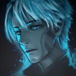  1boy bangs blue_theme blurry closed_mouth facepaint facial_mark glowing hair_between_eyes highres light_particles looking_at_viewer male_focus portrait ready_player_one short_hair simple_background solo wade_owen_watts welllllll 