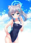  1girl animal_ear_fluff animal_ears bangs blue_archive blue_eyes breasts chibitan competition_swimsuit cross_hair_ornament grey_hair hair_ornament halo highleg highleg_swimsuit medium_breasts mismatched_pupils official_alternate_costume one-piece_swimsuit ponytail shiroko_(blue_archive) shiroko_(swimsuit)_(blue_archive) solo swimsuit two-tone_swimsuit 
