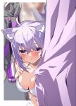  1girl ahoge animal_ear_fluff animal_ears bangs bikini black_hoodie blush border breasts cat_ears cat_girl changing_room cleavage clothes_hanger collarbone cowboy_shot cropped_hoodie crossed_bangs hair_between_eyes hololive hood hoodie large_breasts long_sleeves mirror nekomata_okayu outside_border parted_lips purple_curtains purple_eyes purple_hair shirt_removed short_hair shy side-tie_bikini solo standing swimsuit tsushi untied untied_bikini virtual_youtuber white_bikini white_border 