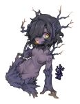  1girl black_hair branch breasts dark_skin hair_over_one_eye looking_at_viewer monster_girl navel nipples nude nyong_nyong one_eye_covered orange_eyes personification plant_girl pussy reference_inset seiza short_hair sitting small_breasts solo splinterling stomach terraria wood 