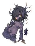  1girl black_hair branch breasts crotch_plate dark_skin hair_over_one_eye looking_at_viewer monster_girl navel nyong_nyong one_eye_covered orange_eyes personification plant_girl reference_inset seiza short_hair sitting small_breasts solo splinterling stomach terraria wood 